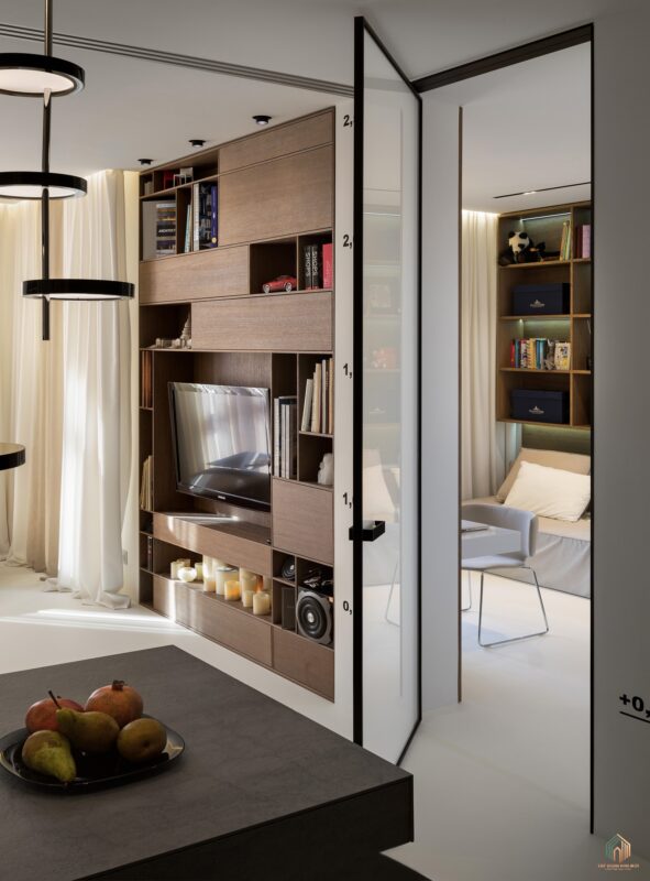 Thiết kế căn hộ studio Không gian các chức năng liền mạch thành một thể thống nhất.