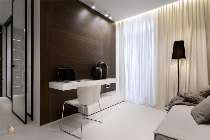 Thiết kế nội thất căn hộ Studio Bàn làm việc hiện đại tối giản.